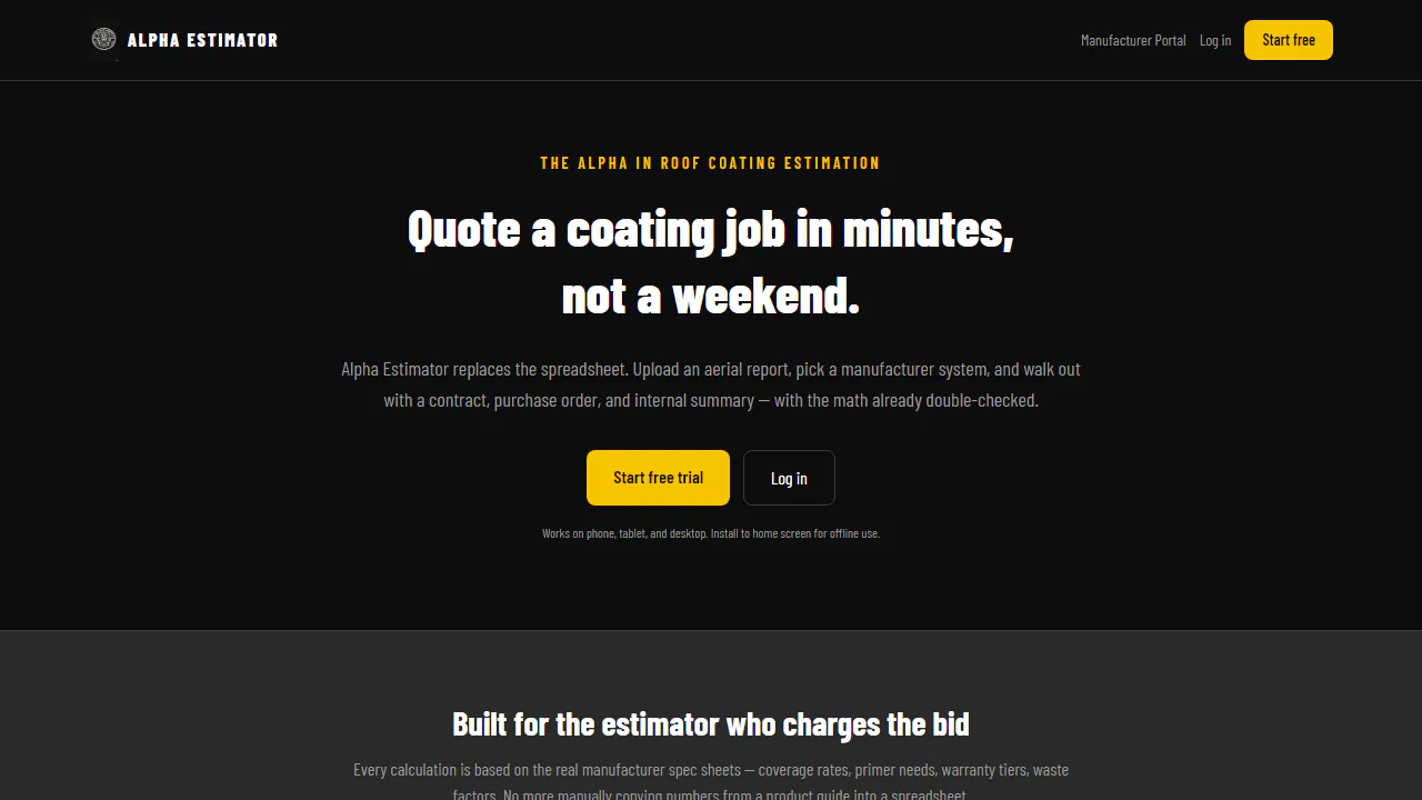 Alpha Estimator live product homepage